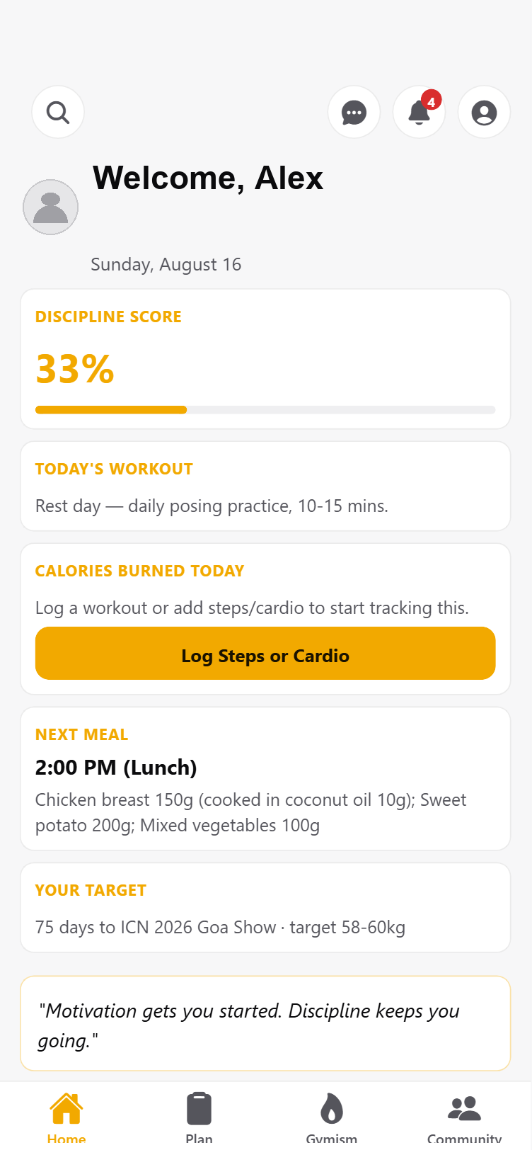 The Discipline Club app — Home screen showing Discipline Score, today's workout, next meal, and prep countdown